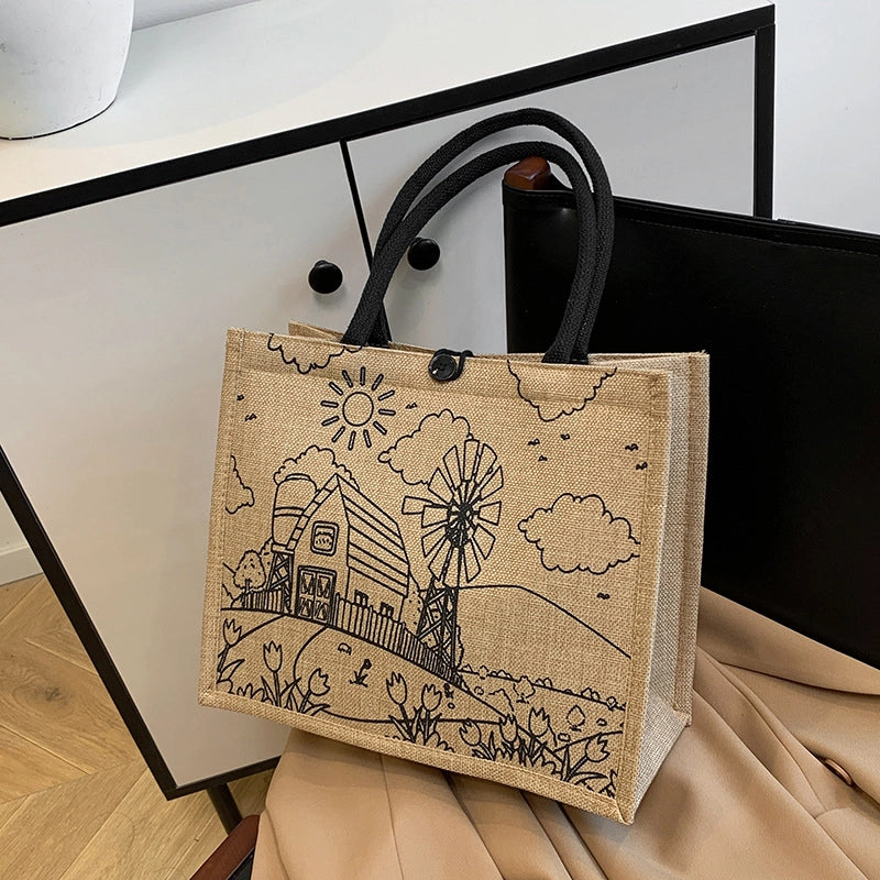 Women's Large Cotton And Linen Letter Butterfly Elegant Streetwear Square Lock Clasp Handbag