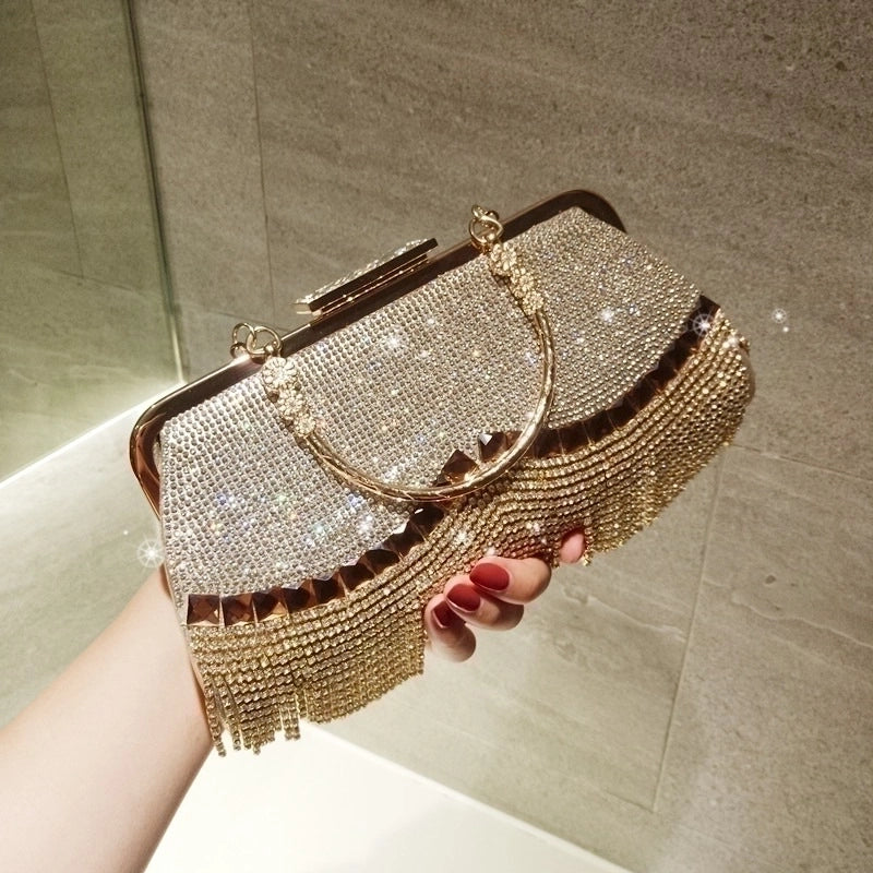 Black Gold Silver Pu Leather Solid Color Rhinestone Square Tassel Evening Bags