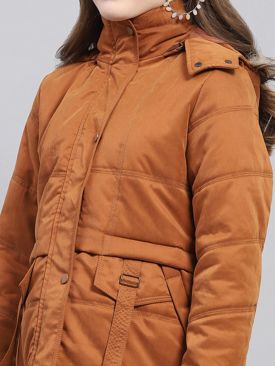 Women Rust Solid Detachable Hood Full Sleeve Jacket