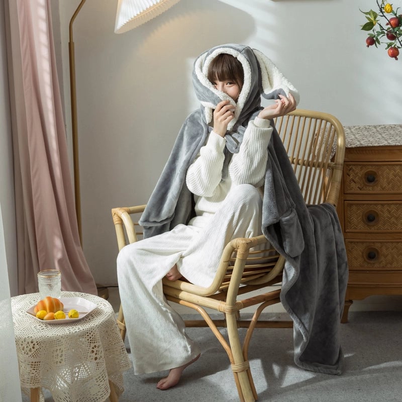 Cloak  Rabbit Ears Cloak Blanket Shawl Blanket Air-conditioning Blanket Nap Sofa Blanket Home Lazy People With Hat
