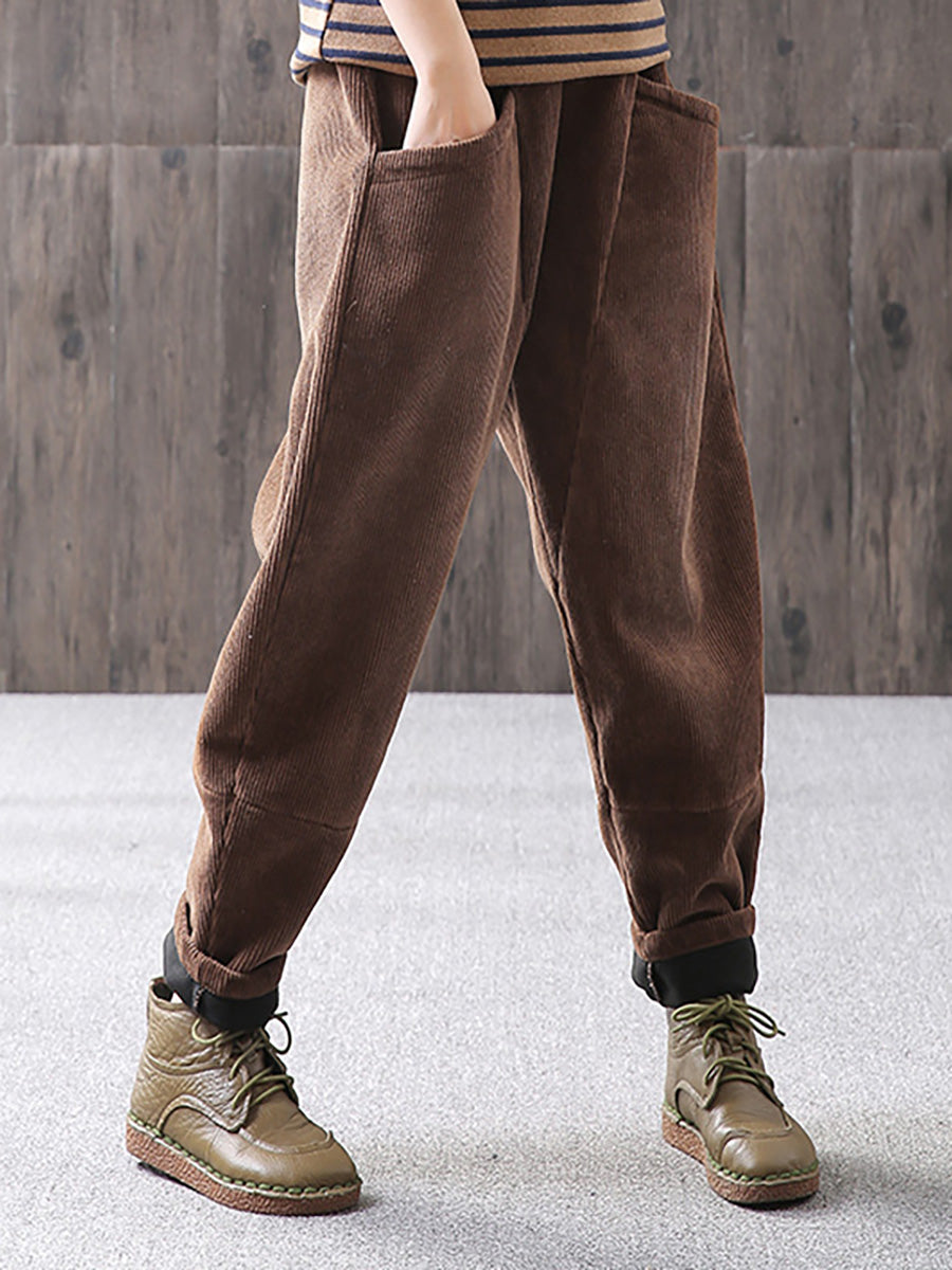 Plus Size Winter Warm Solid Color Corduroy Pants
