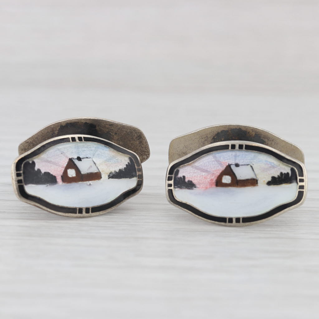Vintage Norwegian Guilloche Enamel Farmhouse Cufflinks Sterling Silver NM Norway