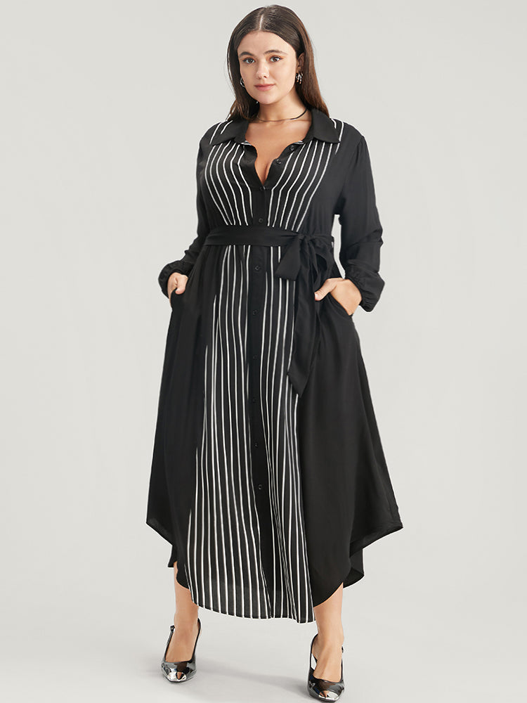 Striped Contrast Pocket Button Detail Belted Dress