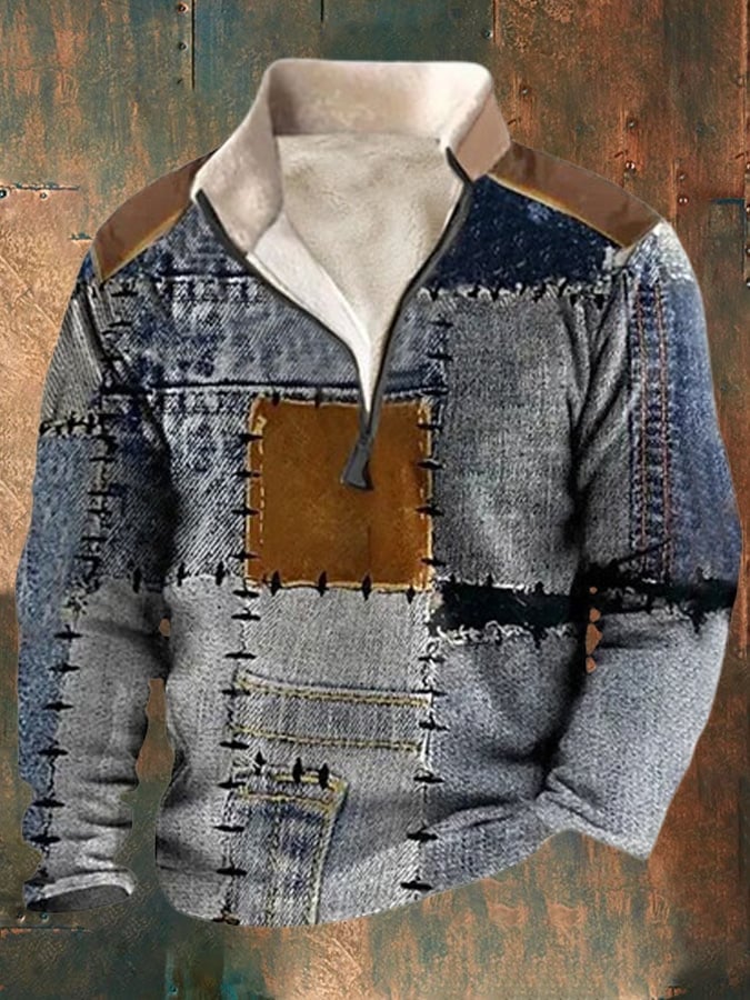 Men'S Retro Print Zipper Stand Collar Sweatshirt