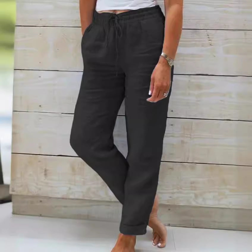 Women's high waist elastic waist solid color cotton and linen casual pants