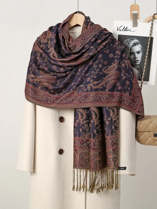 Women's Pastoral Cashew Nuts Flower Polyester Tassel Scarf