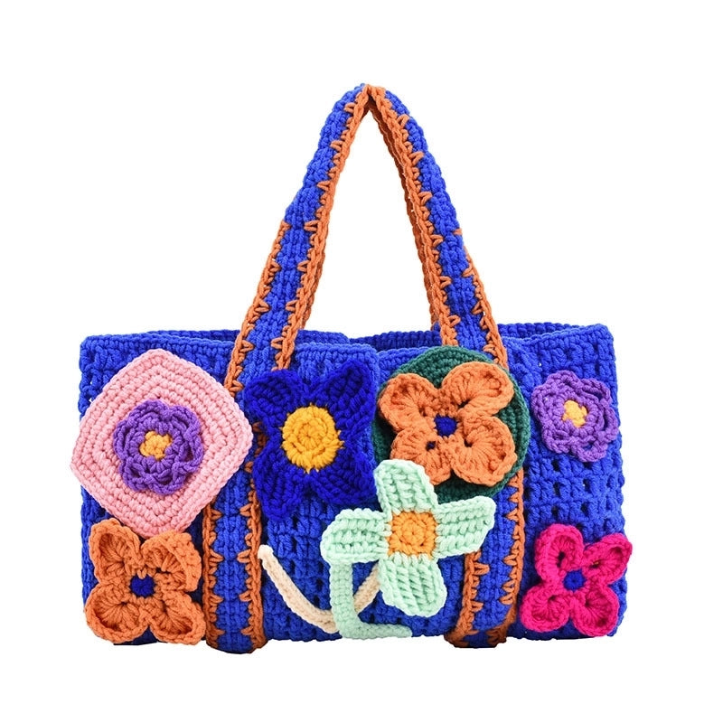 Women's Medium Knit Flower Streetwear Square Open Straw Bag