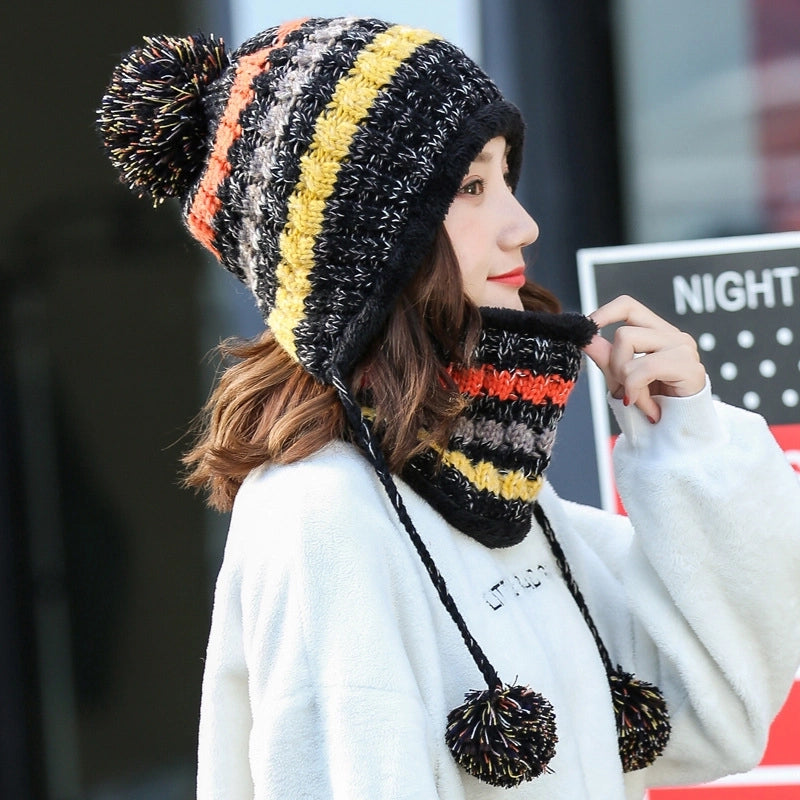 Women's Autumn And Winter Knitted Wool Hat  Fleece-lined Pullover Warm Scarf Hat Two-piece Suit Fashion Hair Generation