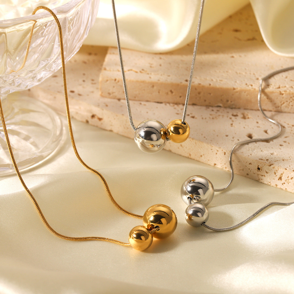 Stainless Steel Snake Bone Chain Ball-Shaped Gold And Silver Color Matching Steel Bead Pendant Necklace Niche Design Clavicle Chain Necklace