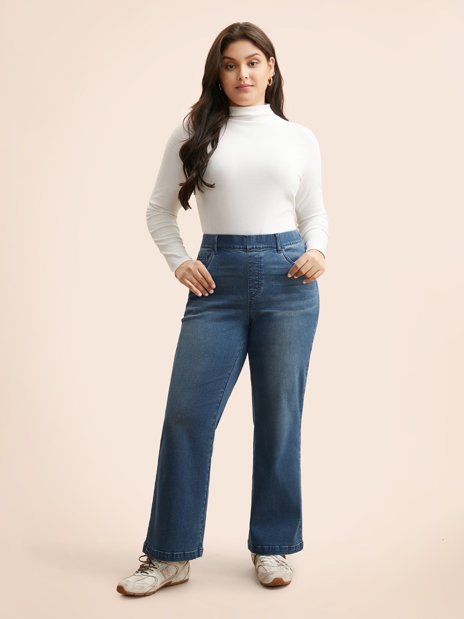 Medium Wash Elastic Waist Straight Leg Jeans