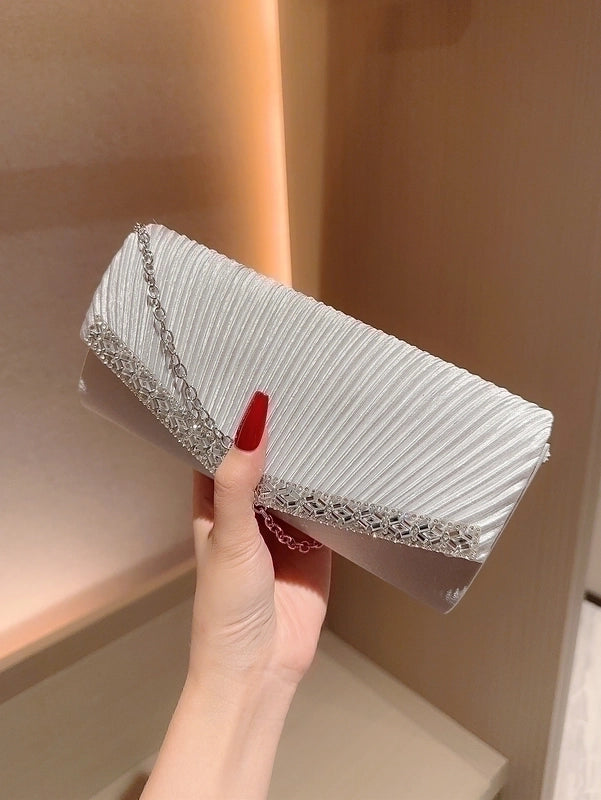 Apricot Silver Polyester Solid Color Rhinestone Square Evening Bags