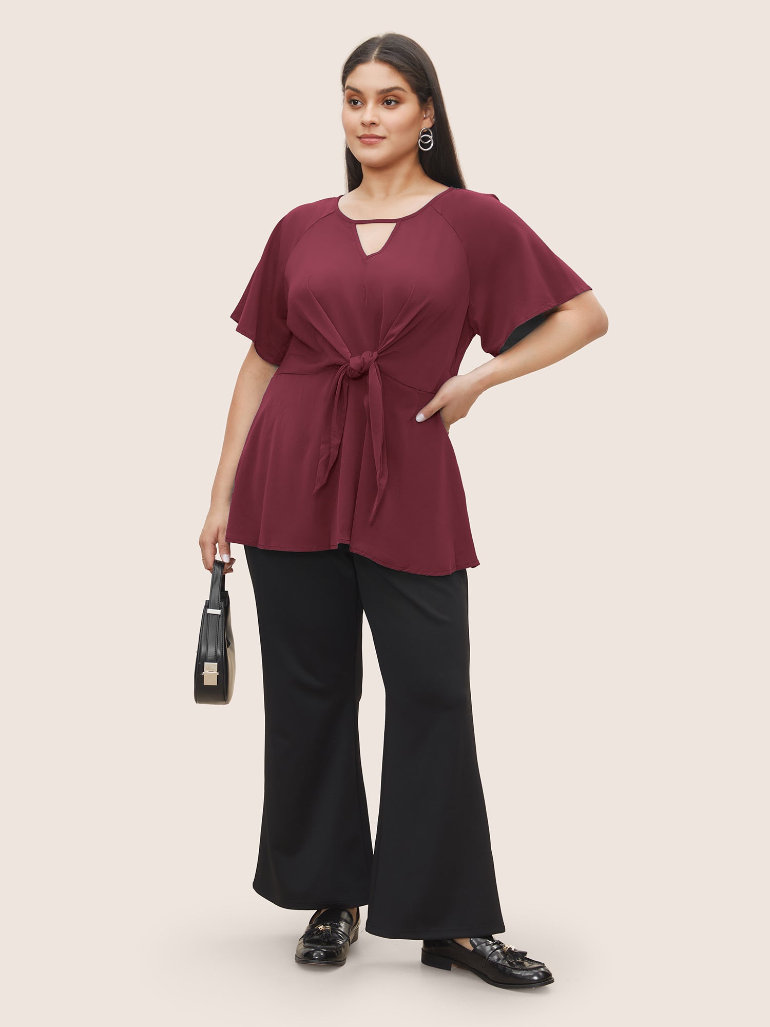Plain Keyhole Knotted Front Ruffle Sleeve Blouse