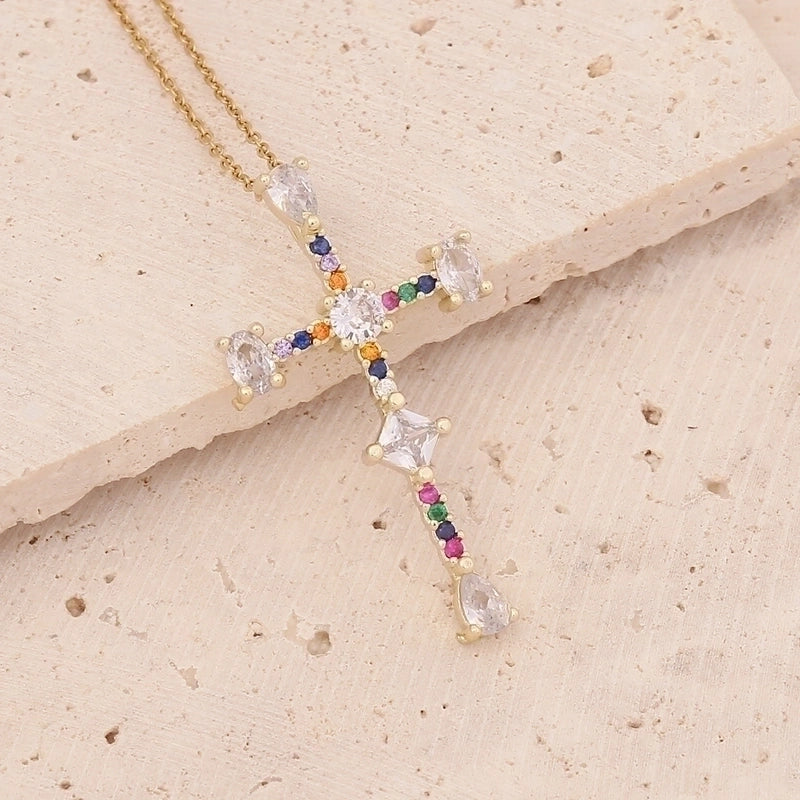 Fashion Cross Copper Inlaid Zircon 18K Gold Plated