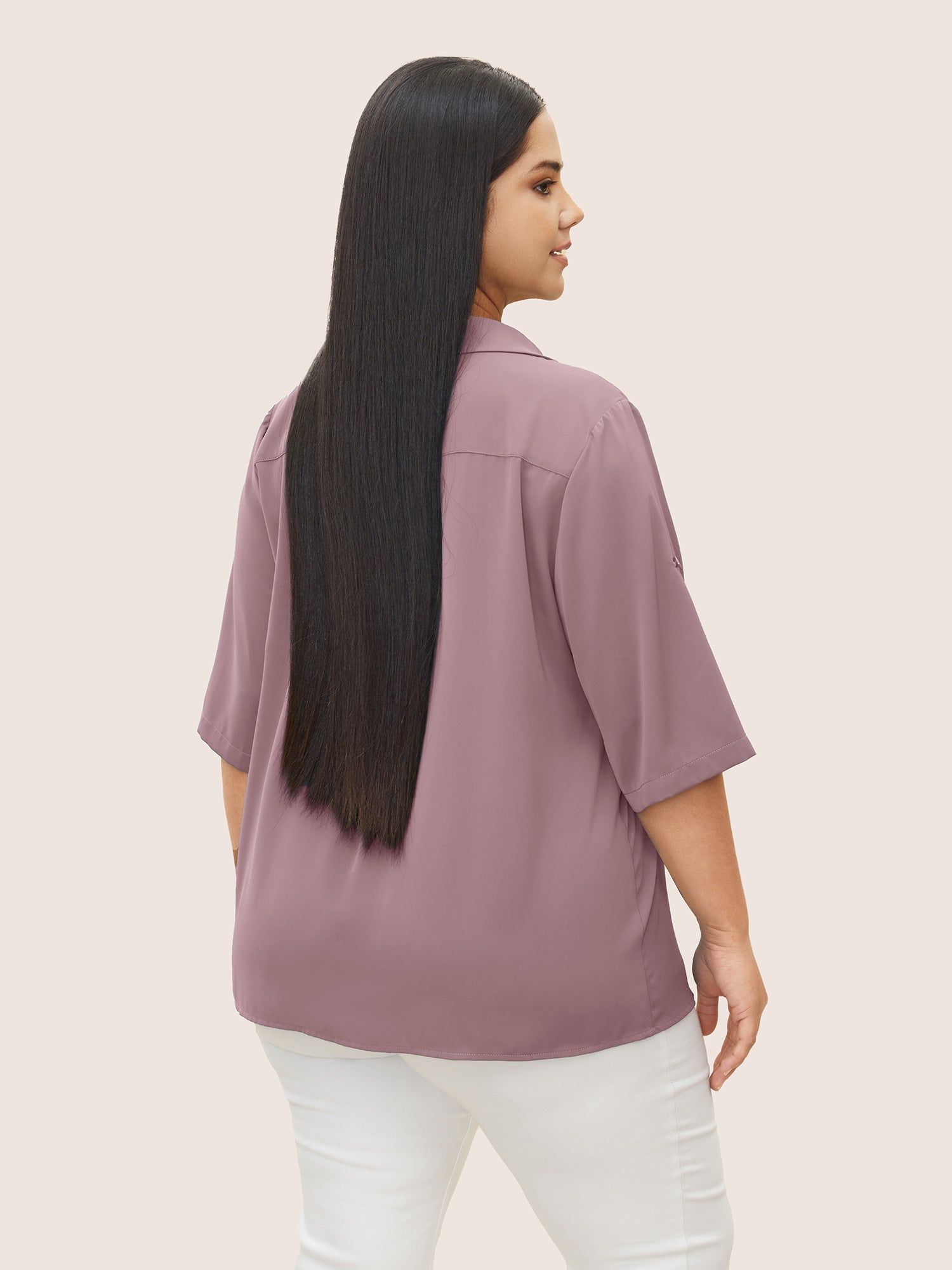 Anti-Wrinkle Shirt Collar Patched Pocket Tab Sleeve Blouse