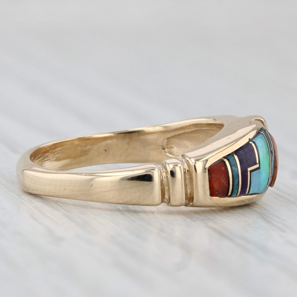 Stone Mosaic Ring 14k Yellow Gold Size 6.75 Coral Turquoise Opal Sugilite Resin