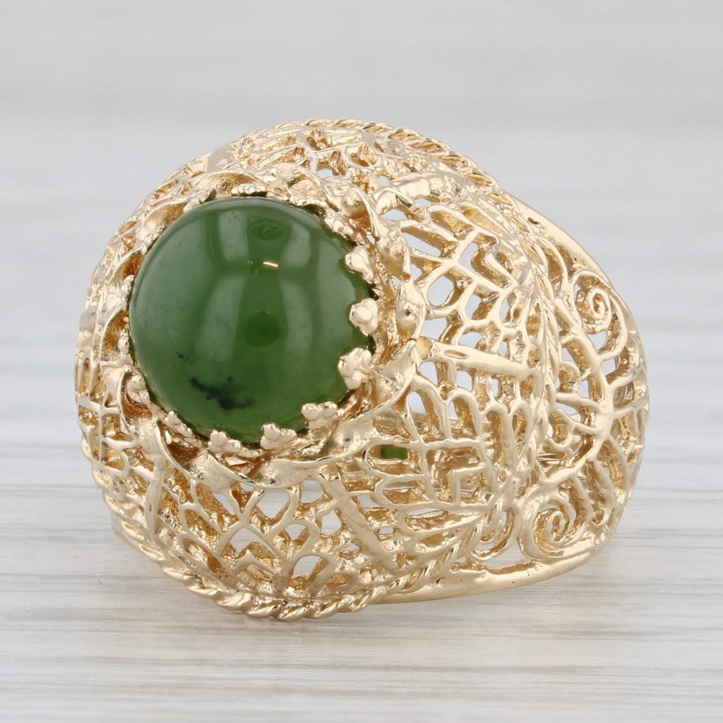 Green Nephrite Jade Ornate Openwork Ring 14k Yellow Gold Size 6.25 Cocktail