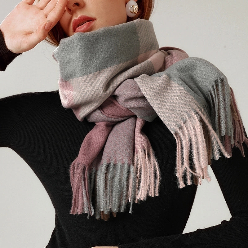 Women's Retro Color Block Imitation Cashmere Tassel Scarf