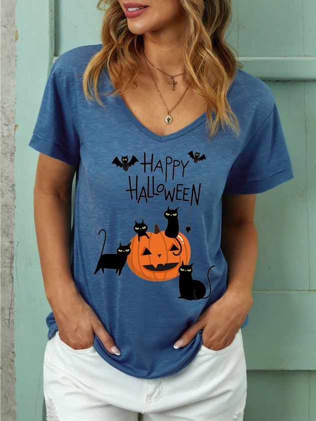 Women Pumpkin Light Halloween Black Cat Casual T-Shirt