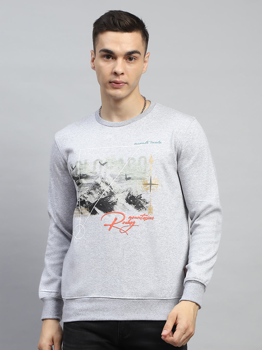 Men Grey Printed Round Neck Full Sleeve Sweatshirt