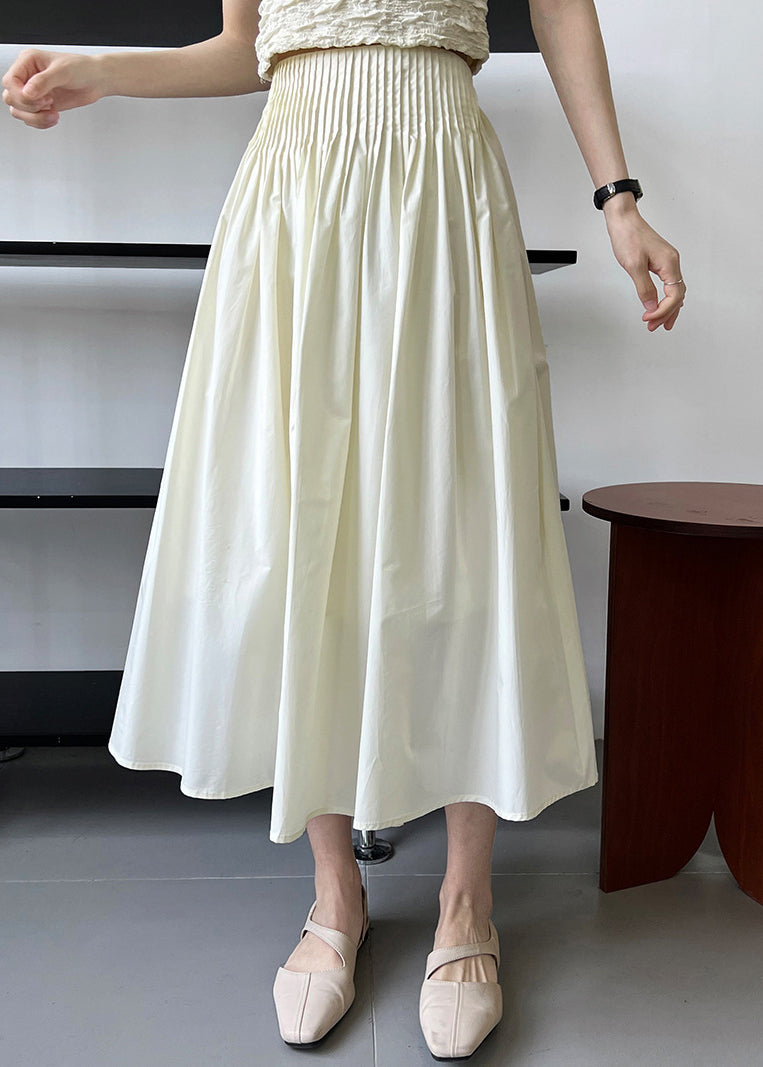 White Fine Cotton A Line Skirt High Waist Wrinkled Fall