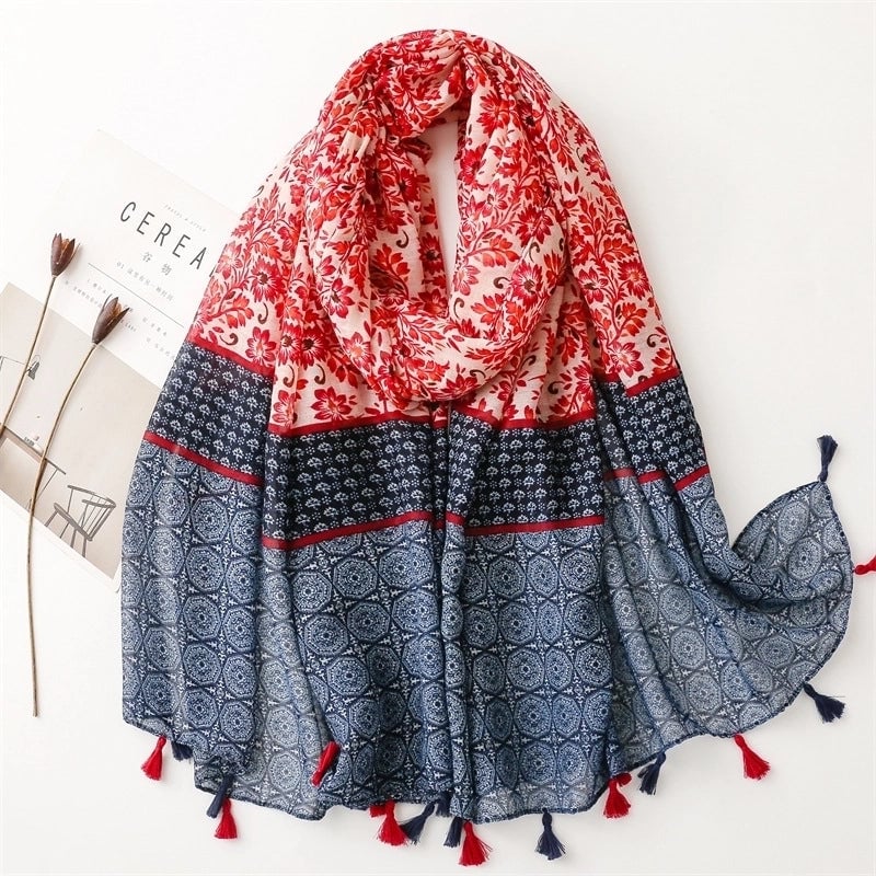 Yarn Cotton Fruit Green Bright Yellow Leaf Printing Tassel Scarf Shawl