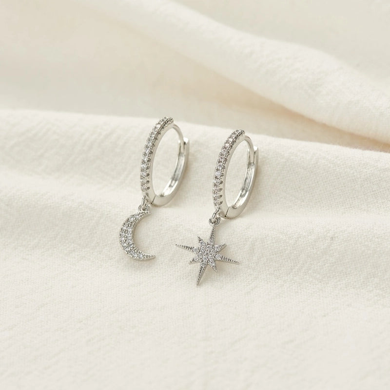 Simple Geometric Moon Snowflake Copper Inlaid Zirconium Irregular Earrings