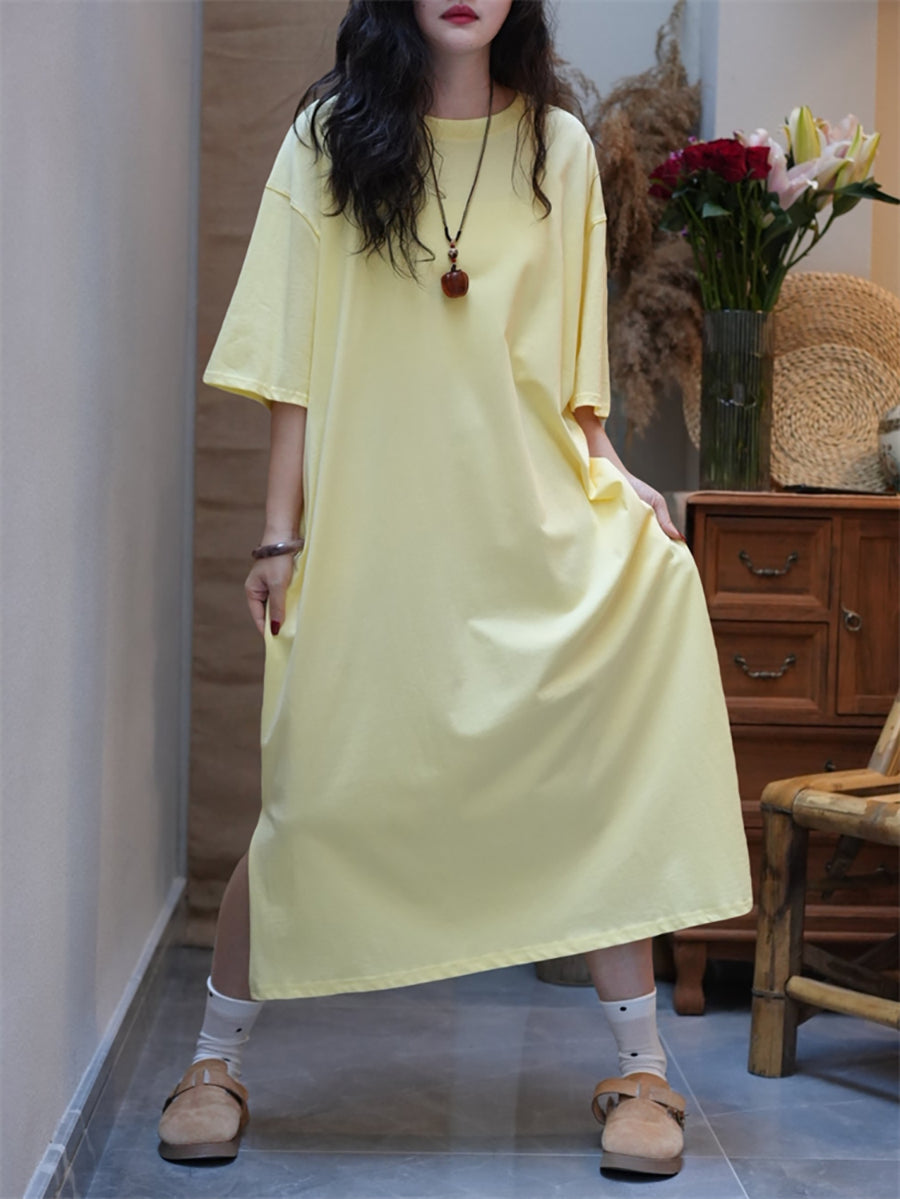 Women Summer Casual Pure Color O-Neck Cotton Dress