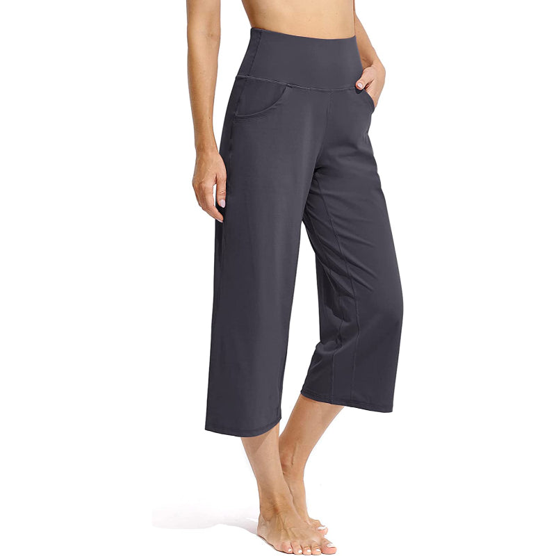 Women Wide Leg Yoga Capri High Waist Stretch Workout Sweatpants With Pockets Casual Straight Leg Pants