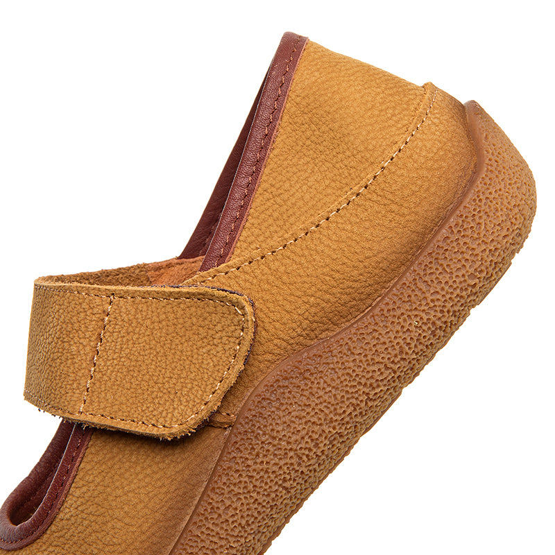 Soft Leather Mary Jane Shoes Rubber-toe Casual Flats with Velcro Strap in Yellow Brown