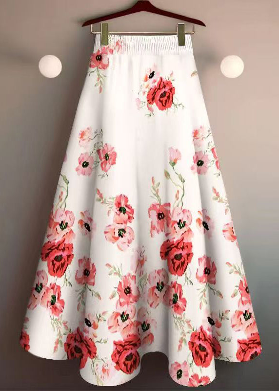 White Print Cotton Skirts Elastic Waist Summer