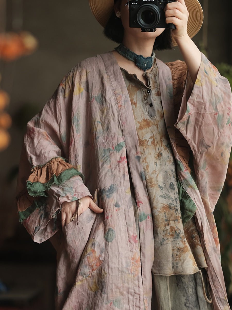 Women Summer Vintage Flower Spliced V-Neck Ramie Shirt Coat