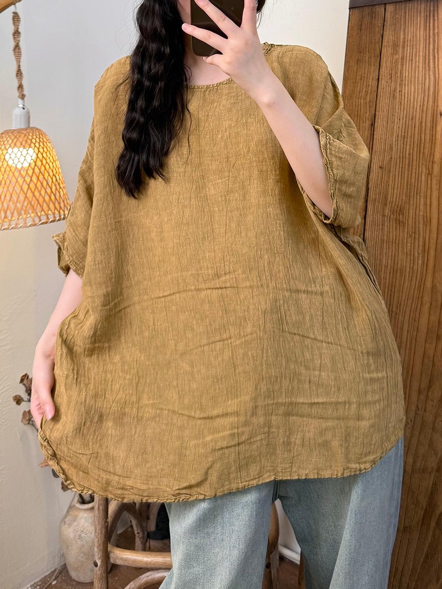 Women Summer Retro Pure Color O-Neck Linen Shirt