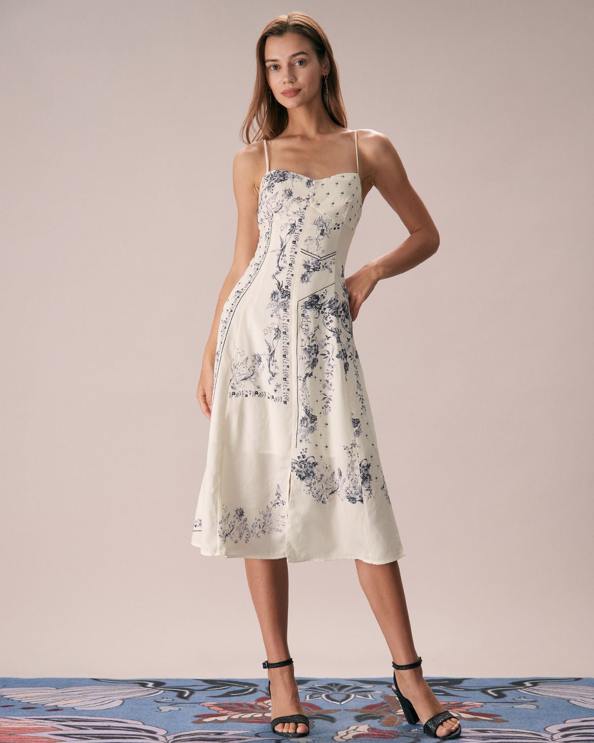 The Beige Floral Split Hem Slip Midi Dress