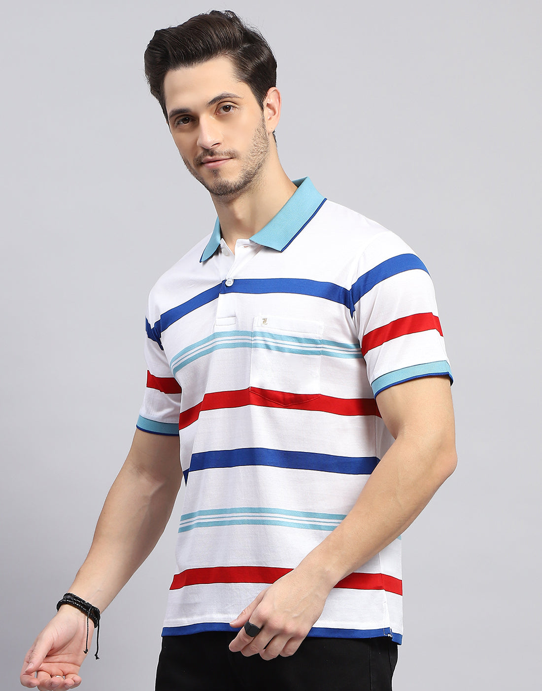 Men White Stripe Polo Collar Half Sleeve T-Shirt