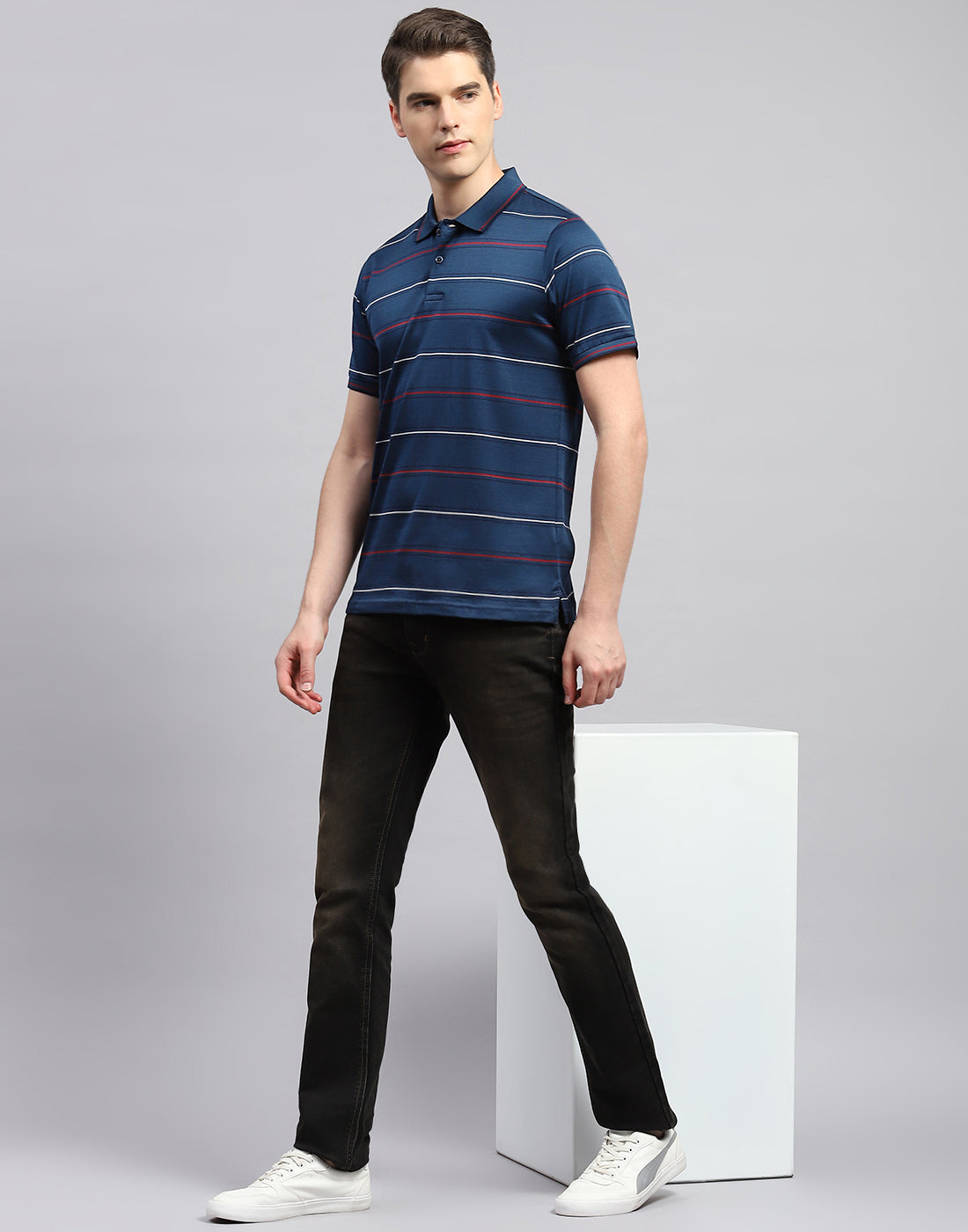 Men Navy Blue Stripe Polo Collar Half Sleeve T-Shirt