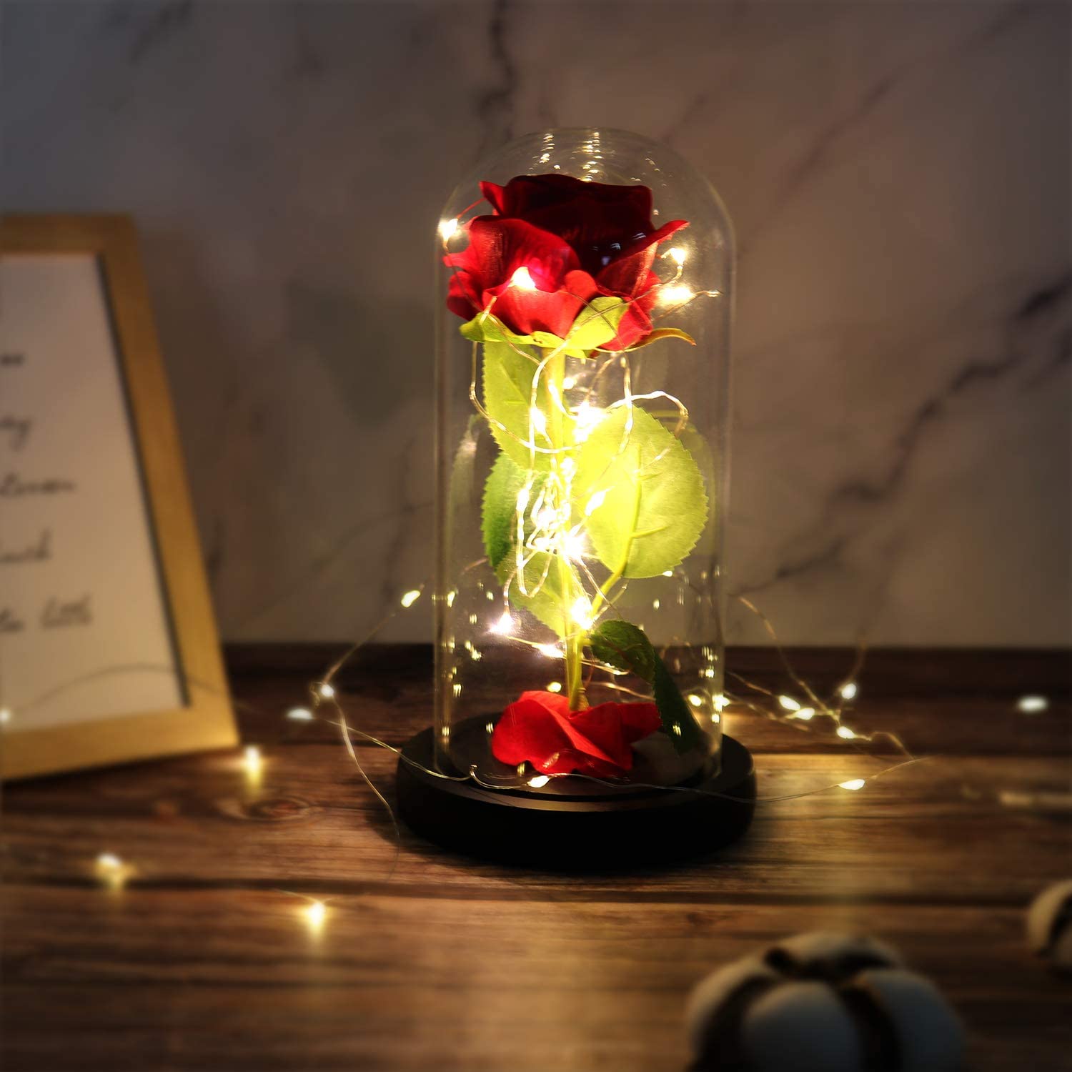 Rose That Lasts Forever in a Glass Dome with Led Lights.Gift for Mothers Day Valentine's Day Birthday Party Wedding Anniversary