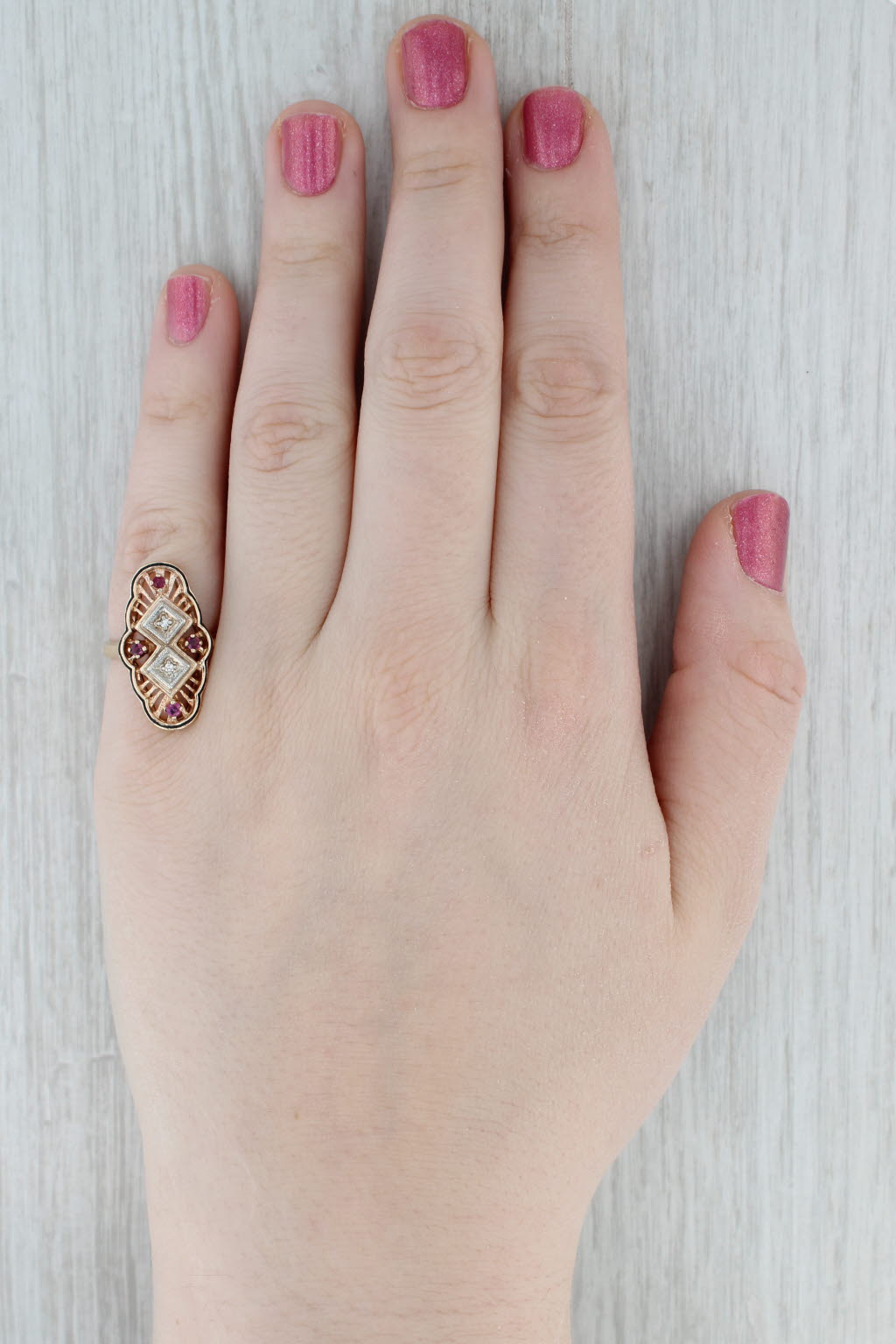 Vintage Diamond Ruby Filigree Ring 10k Yellow White Gold Size 6
