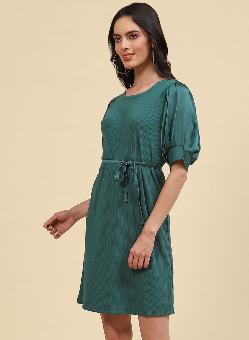 Women Green Self Design Dress