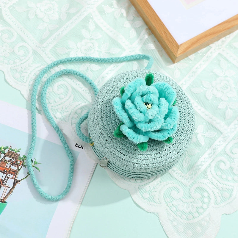 Women's Small Straw Solid Color Flower Vacation Beach Weave Round Zipper Straw Bag
