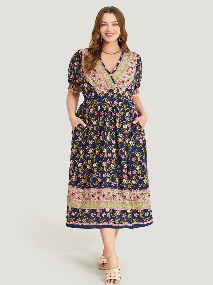 Bandana Print Surplice Neck Pocket Shirred Puff Sleeve Dress