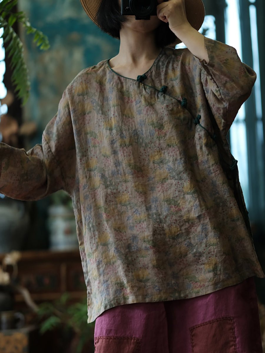 Women Summer Artsy V-Neck Floral Ramie Shirt