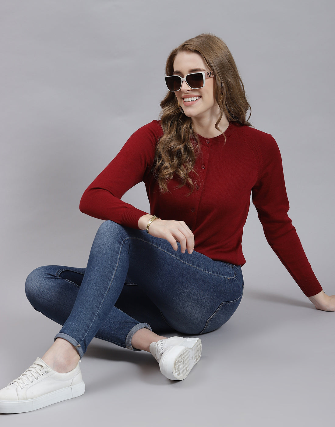 Women Maroon Solid Round Neck Full Sleeve Cardigan