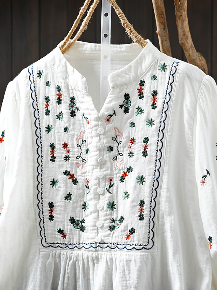 Women Summer Embroidery Stand Collar 100%Cotton Shirt