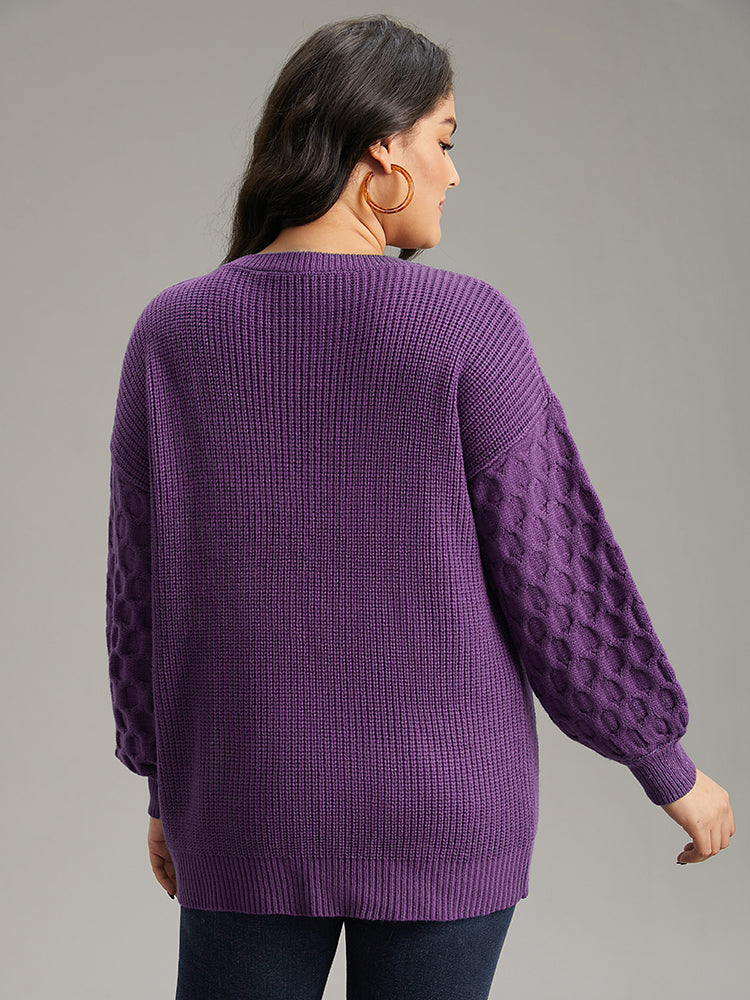 Solid Cable Knit V Neck Drop Shoulder Pullover