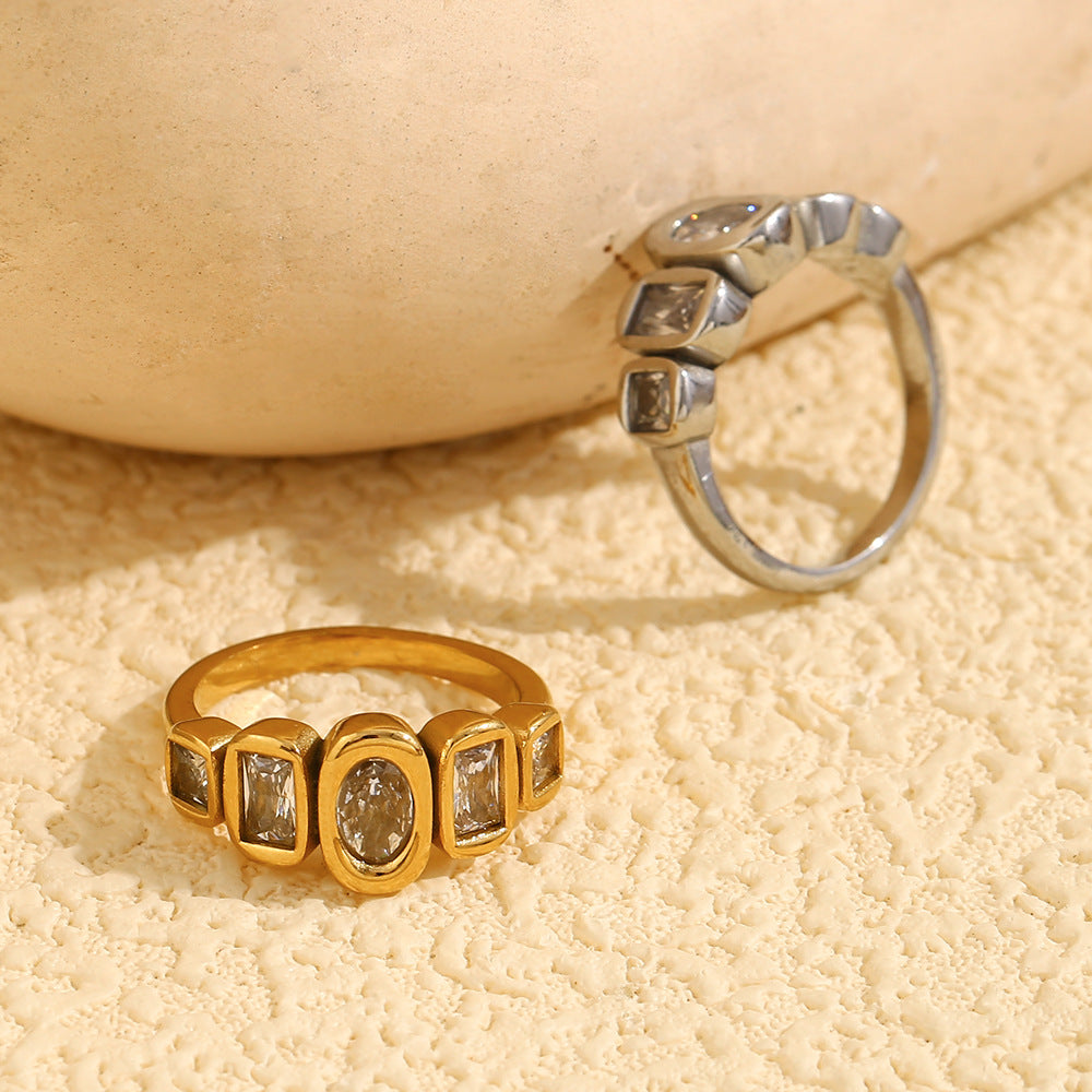 Ins Niche Design High-End Jewelry 316L Stainless Steel Plated 18K Gold Geometric Zircon Arrangement Ring