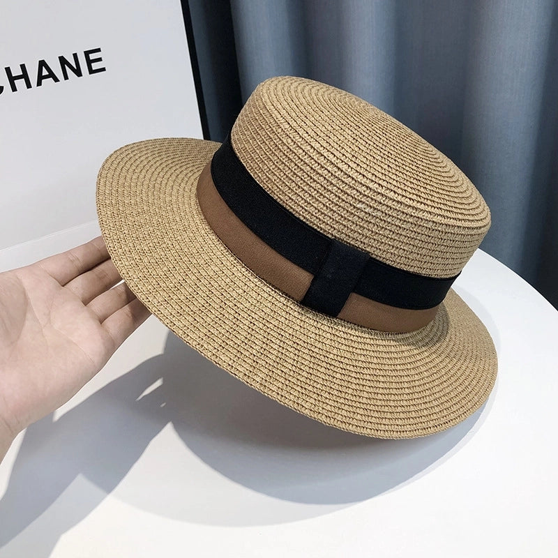 Women's Minimalist Classic Style Color Block Flat Eaves Straw Hat