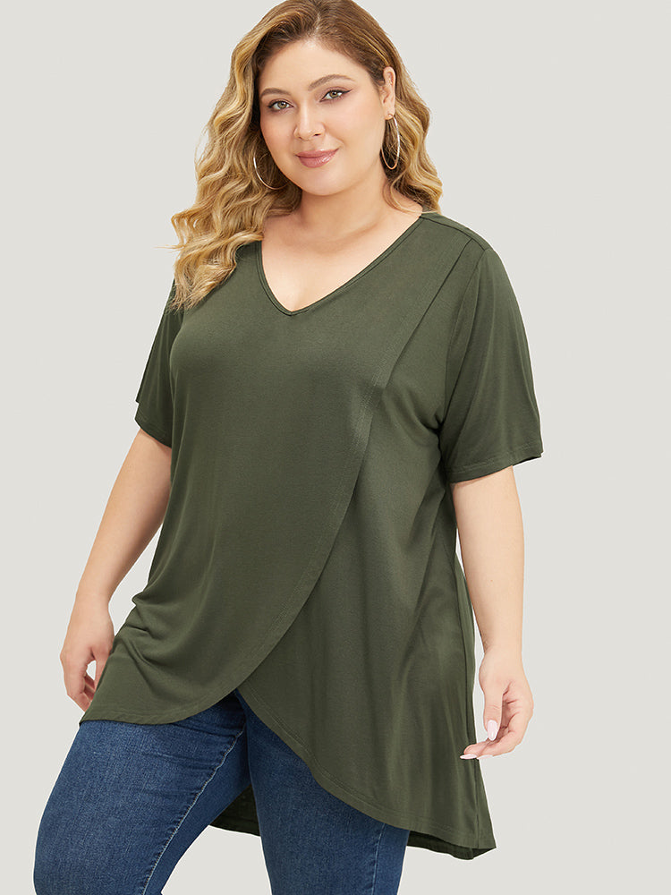 Plain V Neck Wrap High Low Hem T-shirt