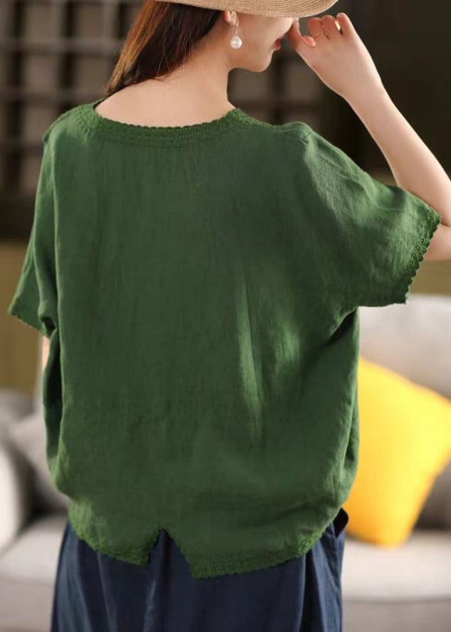 New Green V Neck Embroidered Linen T Shirts Summer