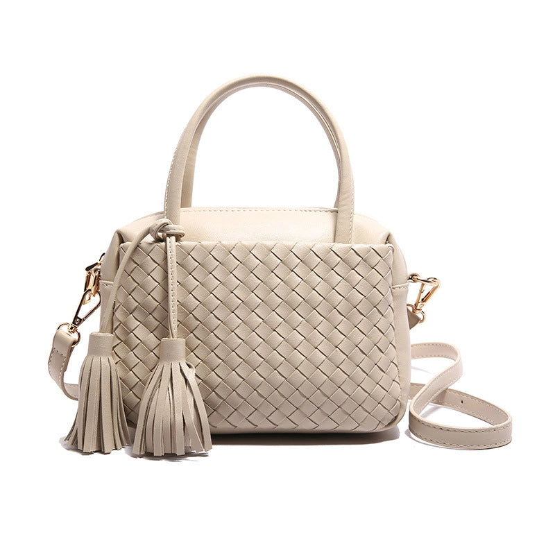 Women's Pu Leather Solid Color Basic Tassel Weave Square Zipper Handbag Crossbody Bag