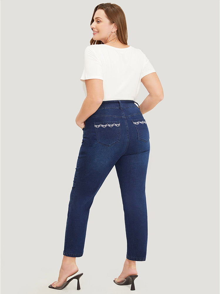 Very Stretchy High Rise Dark Wash Embroidery Back Jeans